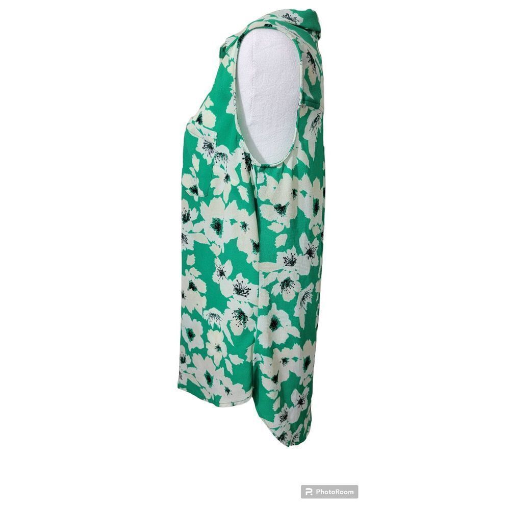 Merona Shirt Top Blouse Women's Medium Button Down Floral Tank Green and Cream - Picture 3 of 9